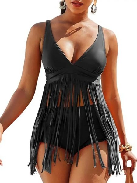 Beach Babes fun fringe beach swimwear black two-piece swimsuit with long fringe details