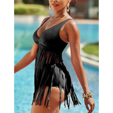 Black Beach Babes swimsuit with fun fringe beach swimwear design perfect for poolside style