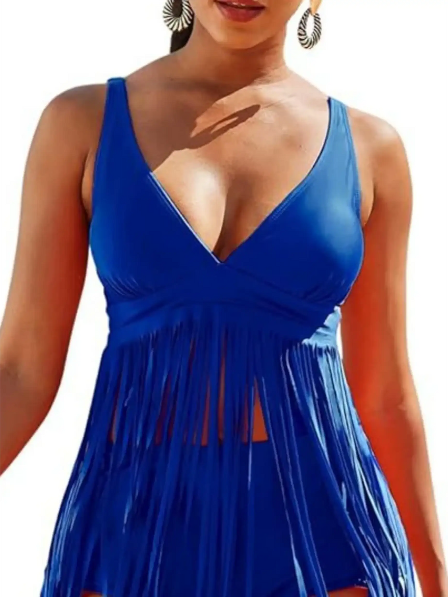 Beach Babes blue swimsuit with fun fringe beach swimwear design for stylish beach outings