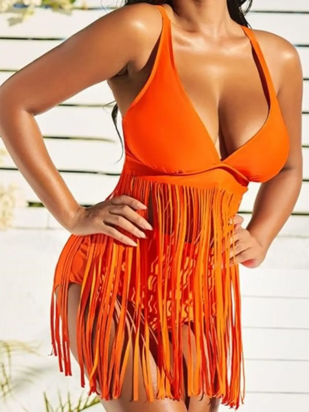Beach Babes orange swimsuit featuring fun fringe beach swimwear design for a playful summer look