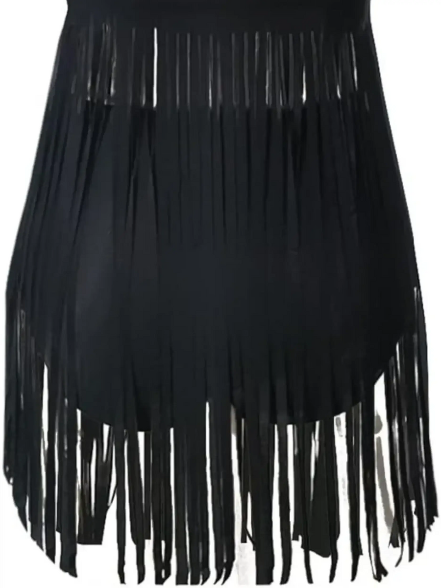 Black swimsuit bottom with long fringe overlay from Beach Babes fun fringe beach swimwear collection
