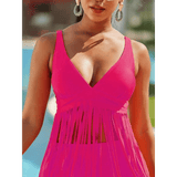 Beach Babes pink swimsuit with fringe detail perfect for fun fringe beach swimwear