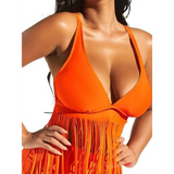 Beach Babes orange swimsuit with fringe detailing showcasing fun fringe beach swimwear style