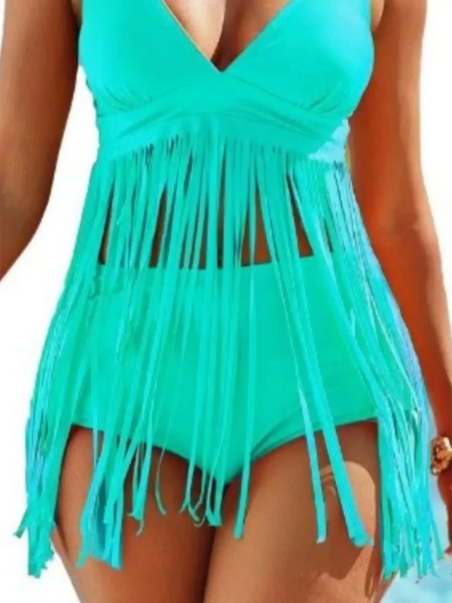 Beach Babes fun fringe beach swimwear in turquoise with long fringe detailing on a swimsuit