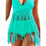 Beach Babes fun fringe beach swimwear in turquoise with long fringe detailing on a swimsuit