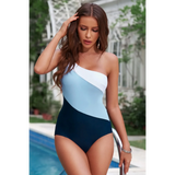 woman wearing Light Blue One Shoulder Color Block Swimsuit - Beach Babes Beachwear - Fort Lauderdale