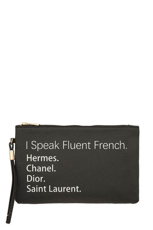 Black Babe Beachwear bag with funny quote clutch saying I Speak Fluent French Hermes Chanel Dior Saint Laurent