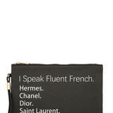 Black Babe Beachwear bag with funny quote clutch saying I Speak Fluent French Hermes Chanel Dior Saint Laurent