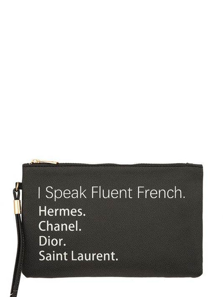 Black Babe Beachwear bag with funny quote clutch saying I Speak Fluent French Hermes Chanel Dior Saint Laurent