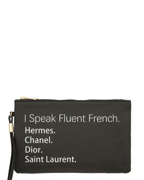 Black Babe Beachwear bag with funny quote clutch saying I Speak Fluent French Hermes Chanel Dior Saint Laurent
