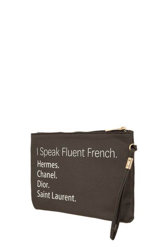 Babe Beachwear black bag with white text I Speak Fluent French Hermes Chanel Dior Saint Laurent funny quote clutch