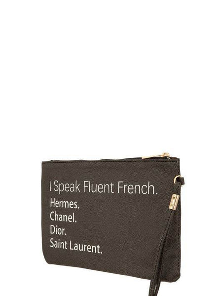 Babe Beachwear black bag with white text I Speak Fluent French Hermes Chanel Dior Saint Laurent funny quote clutch