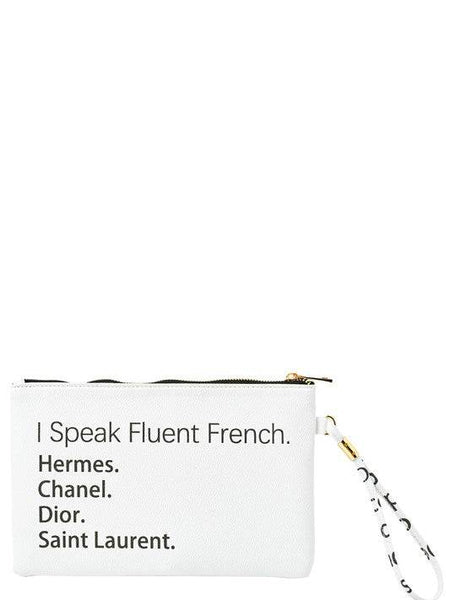 Babe Beachwear white bag with black text I Speak Fluent French and list of brands funny quote clutch