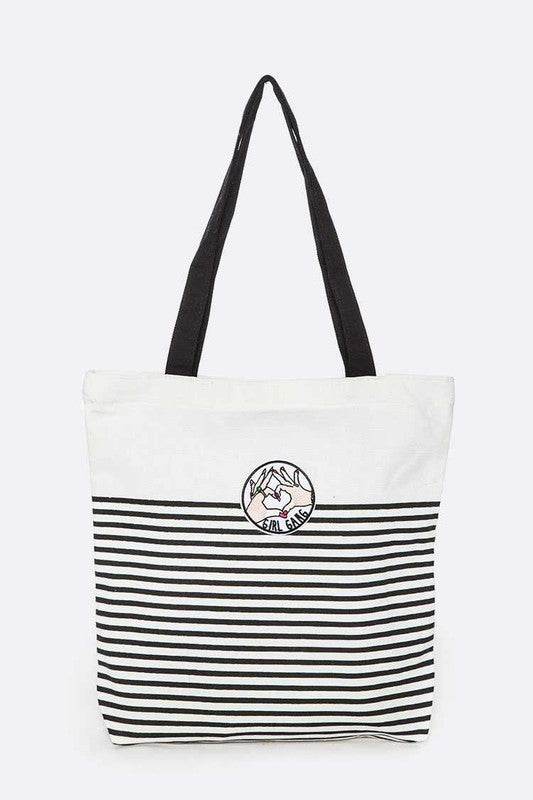 Babe Beachwear girl gang canvas tote bag with black and white stripes and black handles