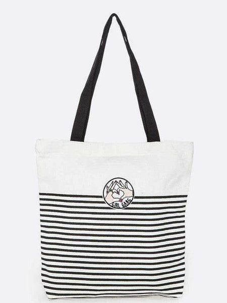 Babe Beachwear girl gang canvas tote bag with black and white stripes and black handles