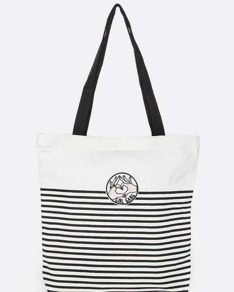 Babe Beachwear girl gang canvas tote bag with black and white stripes and black handles