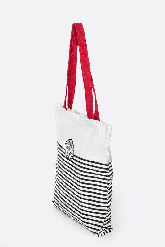 Babe Beachwear girl gang canvas tote bag with black stripes and red handles