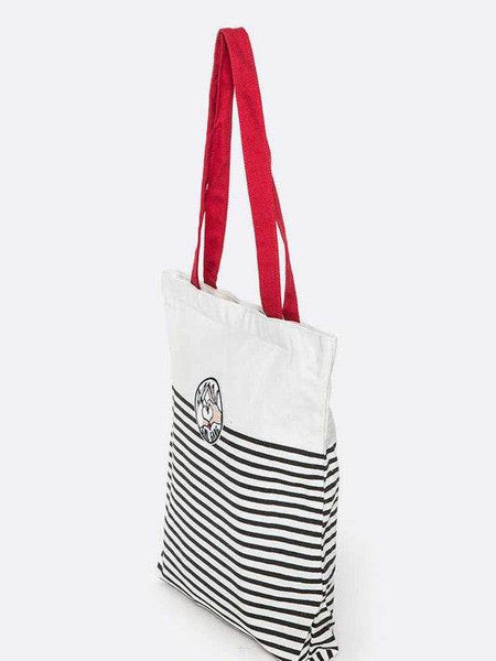 Babe Beachwear girl gang canvas tote bag with black stripes and red handles