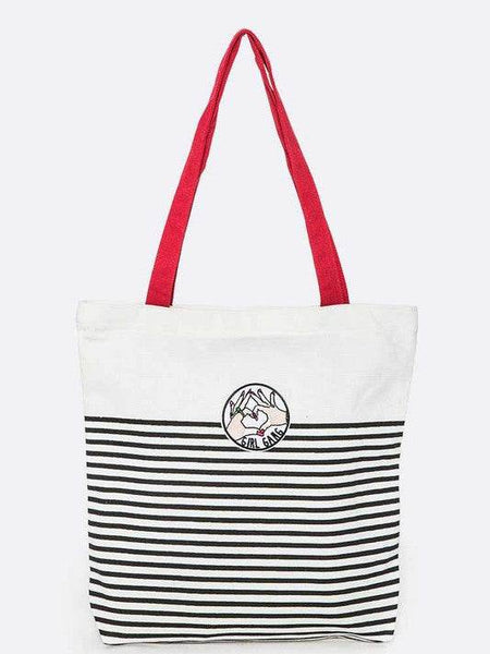 Studio image Babe Beachwear girl gang canvas tote bag with black stripes and red handles