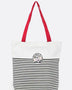 Studio image Babe Beachwear girl gang canvas tote bag with black stripes and red handles