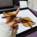 Trendsi glamorous vacation sunglasses with brown tinted lenses and gold metal frame held in hand