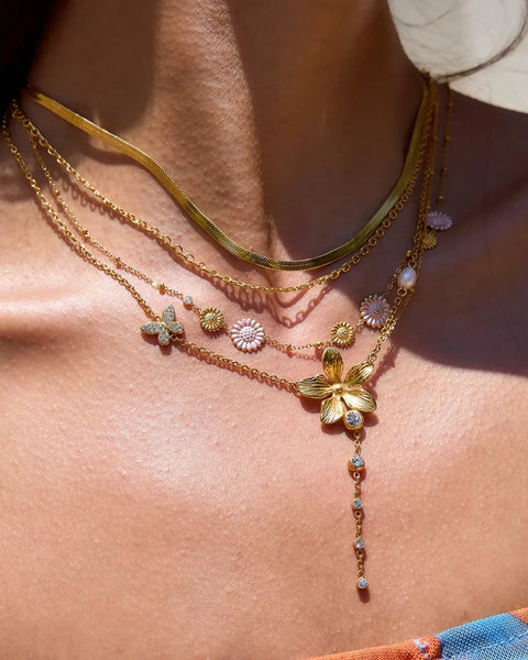 Trendsi 3 piece flower layer chain necklace in gold with floral charms and delicate design