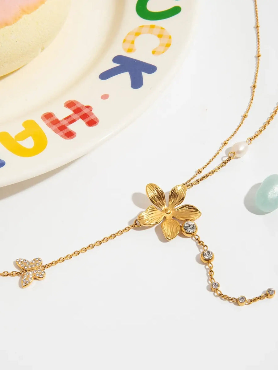 Trendsi 3 piece flower layer chain necklace with gold floral charms and crystal accents