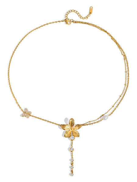 Trendsi 3 piece flower layer chain necklace in gold with floral and pearl accents