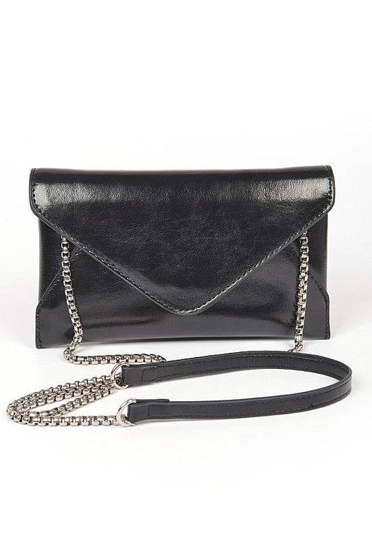 Black envelope clutch bag for women with silver chain strap by Babe Beachwear