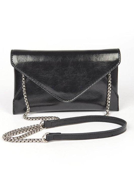Black envelope clutch bag for women with silver chain strap by Babe Beachwear