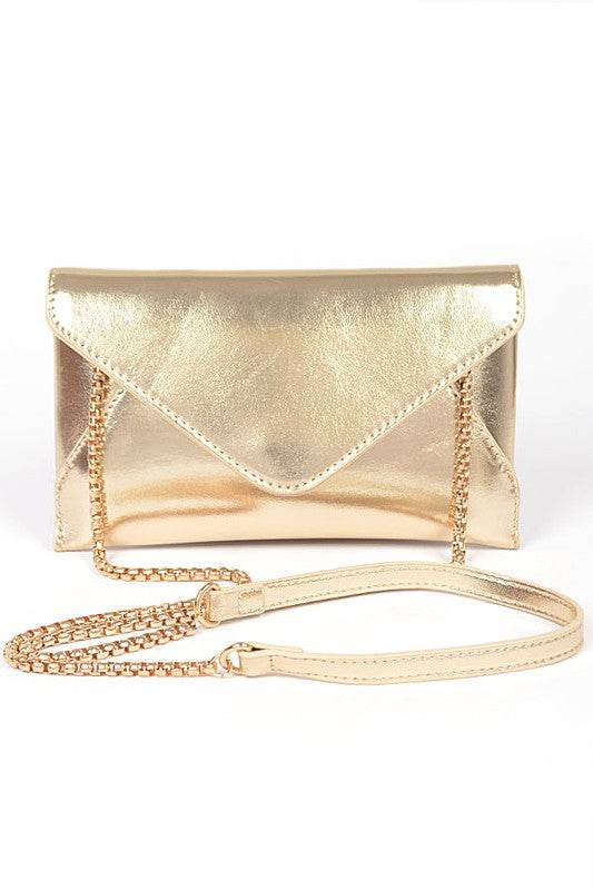Babe Beachwaer gold envelope clutch for women with a chain strap and sleek metallic finish