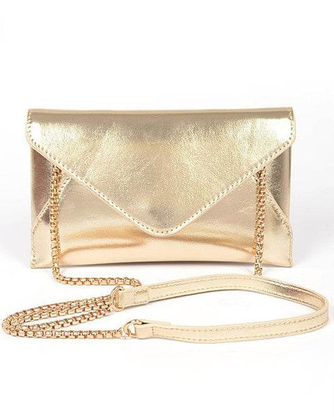 Babe Beachwaer gold envelope clutch for women with a chain strap and sleek metallic finish