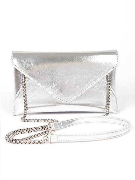 Silver envelope clutch bag for women with chain strap by Babe Beachwear