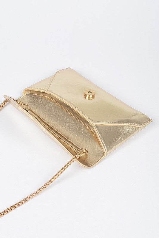 Babe Beachwear gold envelope clutch for women with chain strap and snap button closure