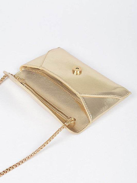 Babe Beachwear gold envelope clutch for women with chain strap and snap button closure