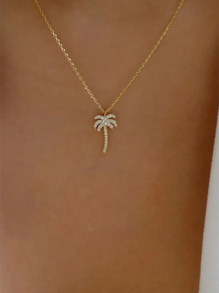  gold palm tree pendant necklace with sparkling stones on delicate chain