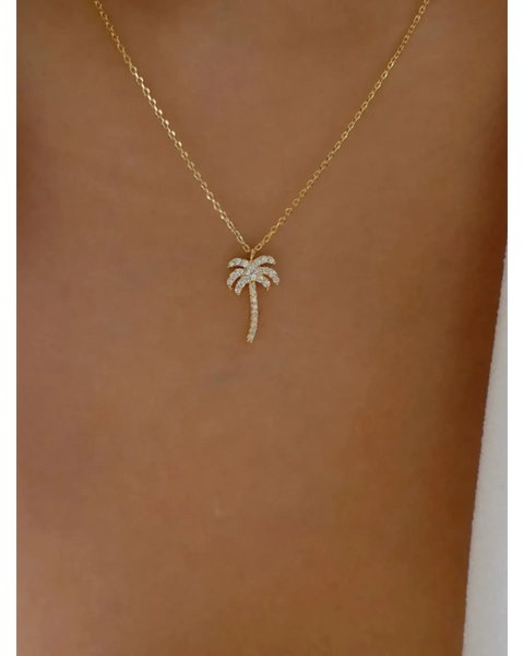  gold palm tree pendant necklace with sparkling stones on delicate chain