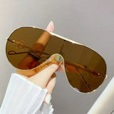 Trendsi gradient aviator sunglasses for women with brown lenses and a gold frame held in hand
