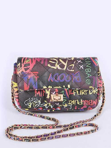 Babe Beachwear Graffiti Luxury Quilted Shoulder Bag with colorful graffiti print and chain strap