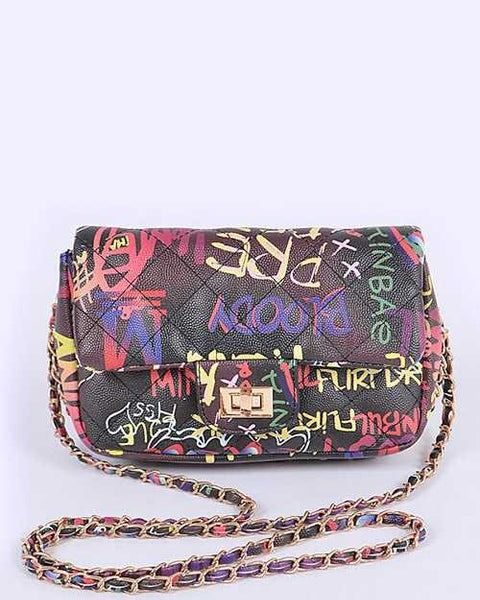 Babe Beachwear Graffiti Luxury Quilted Shoulder Bag with colorful graffiti print and chain strap