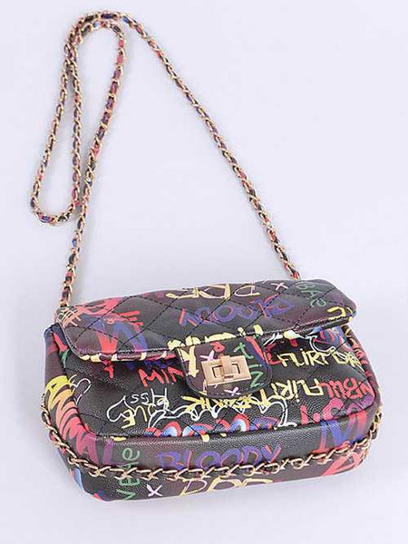 Babe Beachwear Graffiti Luxury Quilted Shoulder Bag with multicolor graffiti design and gold chain strap