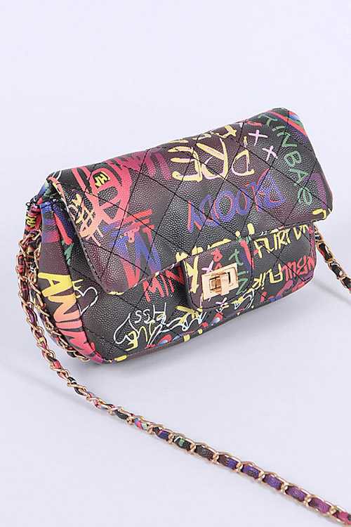 Babe Beachwaer Graffiti Luxury Quilted Shoulder Bag with colorful graffiti pattern and gold chain strap