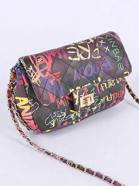 Babe Beachwaer Graffiti Luxury Quilted Shoulder Bag with colorful graffiti pattern and gold chain strap