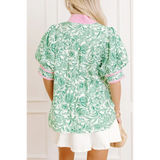  green and Pink summer floral blouse for women with puff sleeves and pink collar details