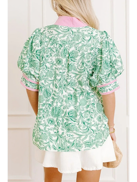  green and Pink summer floral blouse for women with puff sleeves and pink collar details