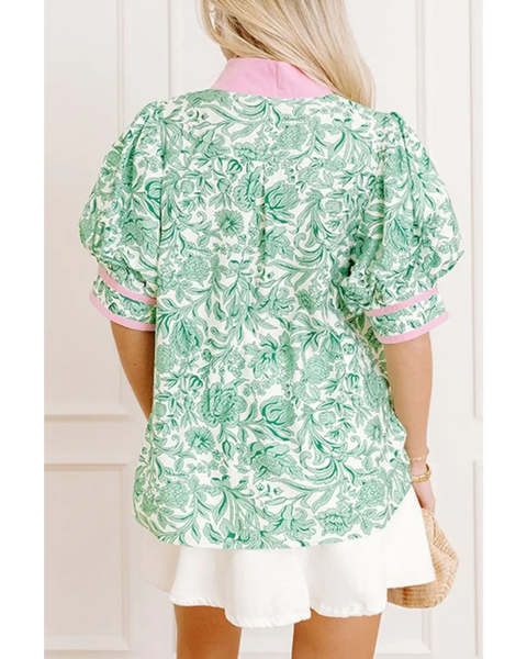  green and Pink summer floral blouse for women with puff sleeves and pink collar details