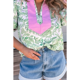 Green and Pink summer floral blouse for women with short sleeves and leafy pattern from Trendsi