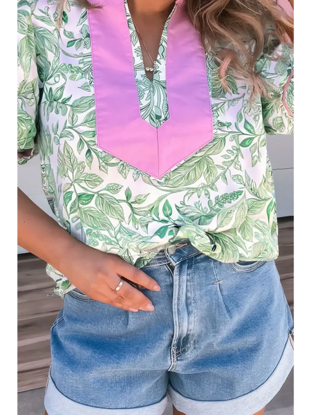 Green and Pink summer floral blouse for women with short sleeves and leafy pattern from Trendsi