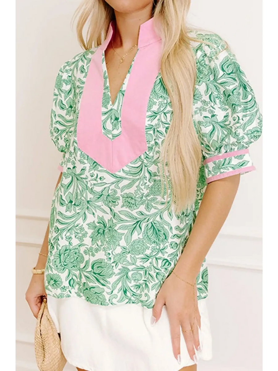 green and Pink summer floral blouse for women with short sleeves and relaxed fit