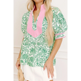 green and Pink summer floral blouse for women with short sleeves and relaxed fit